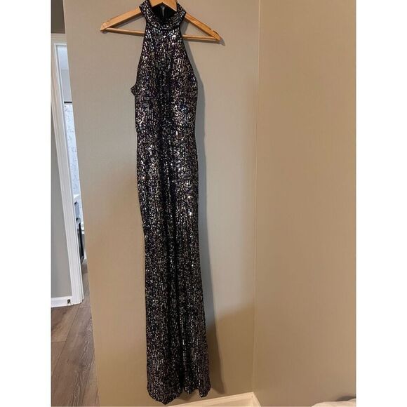 Betsy Adam Women's 4 Sequin Halter Evening Gown Black Metallic Glitz Glam Party - Picture 4 of 12